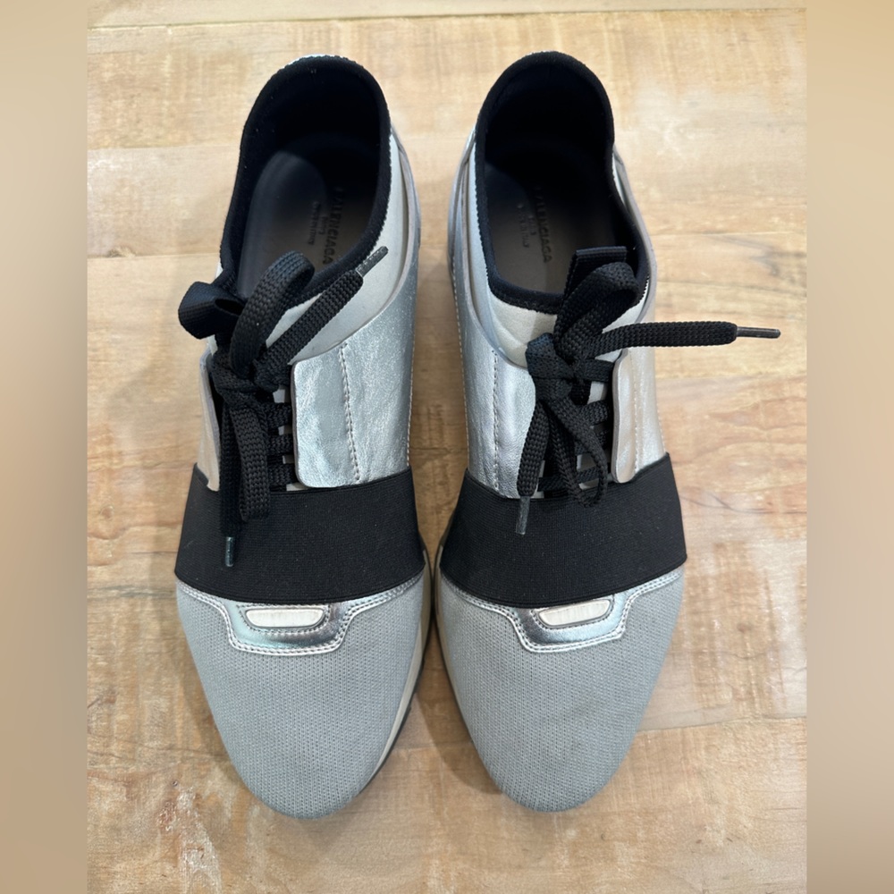 Balenciaga race runner sneakers metallic silver grey black leather tennis shoes - Picture 5 of 14